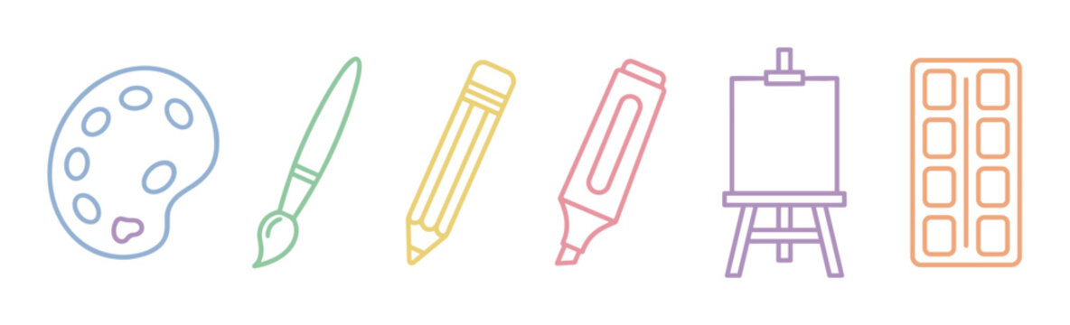 Art supplies palette paintbrush pencil marker easel watercolor set icons in a charming pastel color outline style, representing creativity and artistic expression.