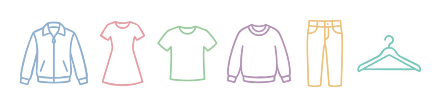 Various clothing items and a hanger are presented as minimalist line art, showcasing different apparel types in a clean, modern style.