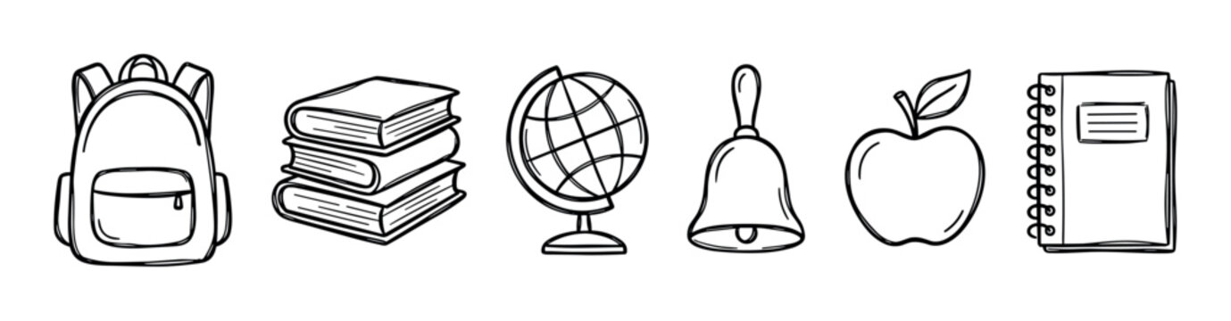 School supplies doodle icons featuring a backpack, stacked books, globe, bell, apple, and spiral notebook, symbolizing education and learning.