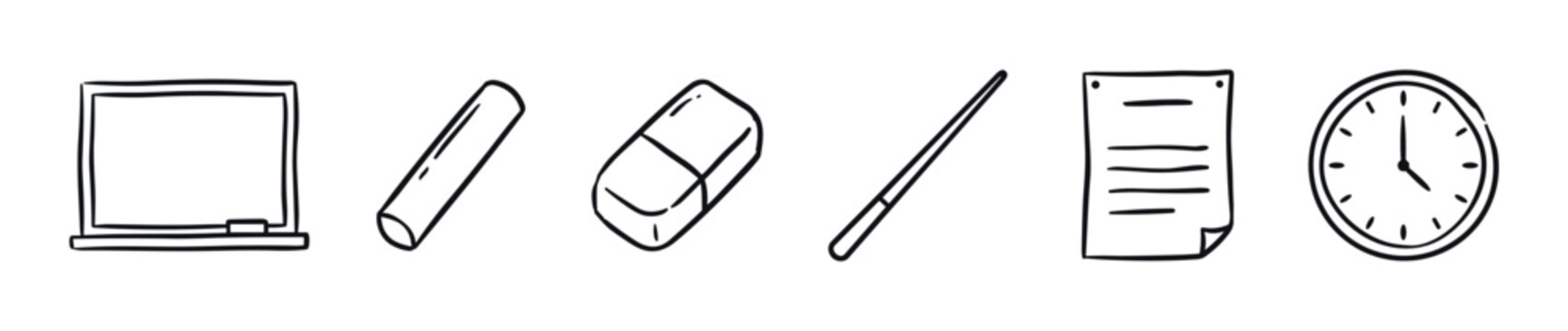 Education and office supplies doodle icons set featuring a blackboard, chalk, eraser, pointer, paper, and clock in a simple line art style.