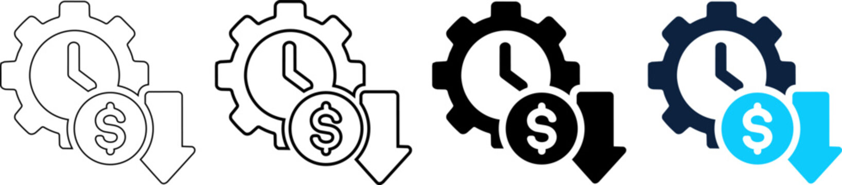 Set of cost reduction icons with gear, clock and dollar sign for financial and business optimization editable line icon and vector illustration