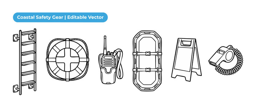 Lifeguard Safety Rescue Equipment Icons set of outline vector elements including lifebuoy, whistle, walkie talkie, stretcher, ladder, and warning sign for beach patrol, pool protection and coastal sec