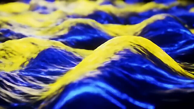 Abstract swirling blue and yellow pattern resembling waves or fabric.