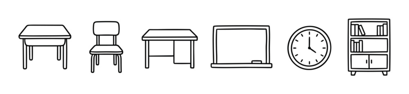 Various classroom objects and school furniture line art icons, including desks, chair, blackboard, clock, and bookshelf, illustrating education and learning concepts.