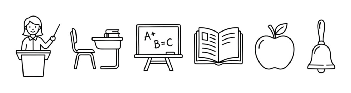 Teacher, student desk, blackboard, book, apple, bell, and other school-related outline icons representing essential elements of education and learning process.