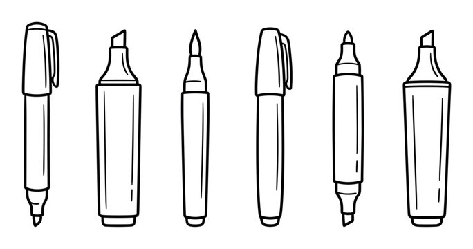 Six different marker pens and highlighters are presented as a set of simple black outline vector illustrations, ideal for educational and office themes.