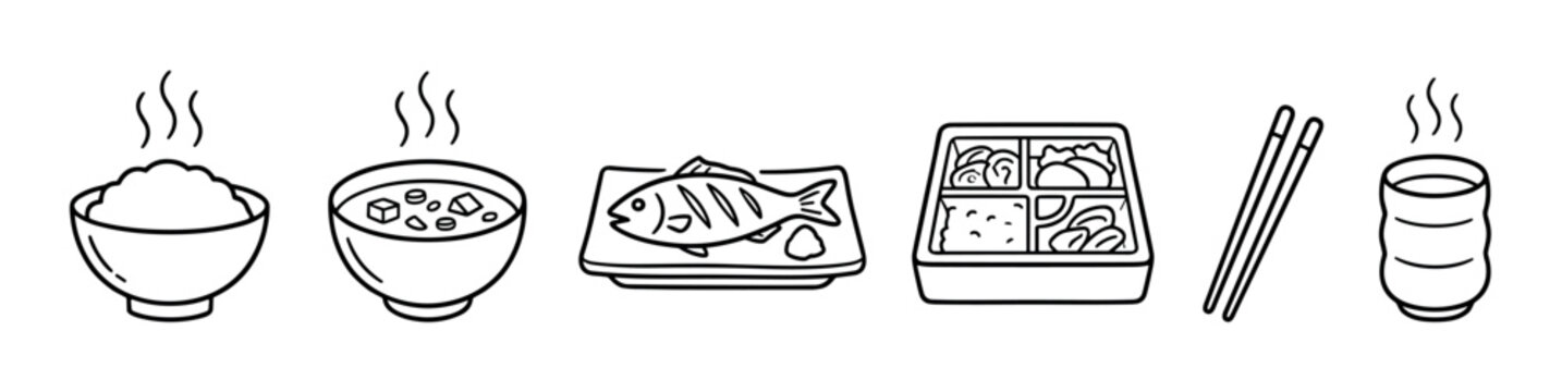 Japanese food meal icons set vector illustration depicting traditional dishes including steaming rice, miso soup, grilled fish, bento box, and hot tea.