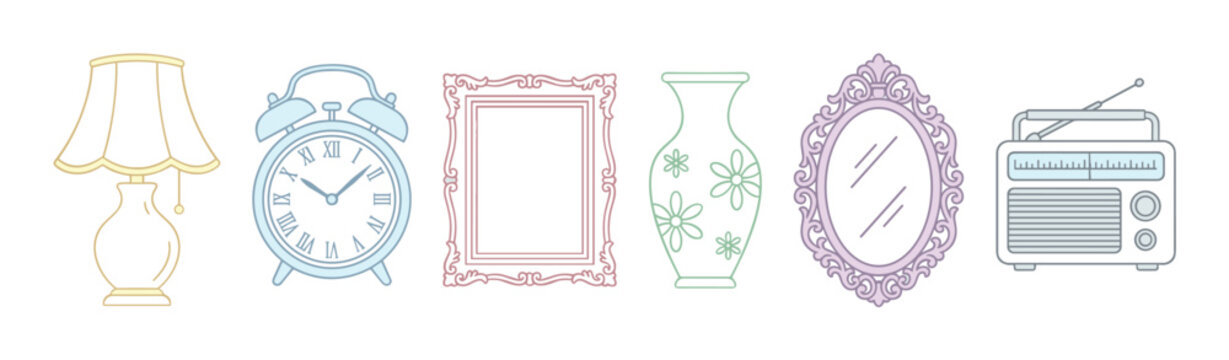 Various household decorative items and vintage objects including a lamp, alarm clock, picture frame, vase, mirror, and radio in a clean line art style.