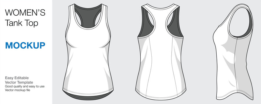 Women's Tank Top Singlet Mockup Vector Template - Front, Back, and Side View
