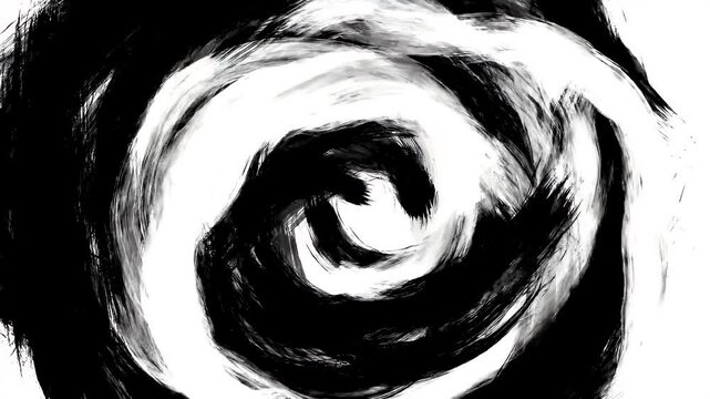 Abstract black and white brush strokes forming a spiral pattern.