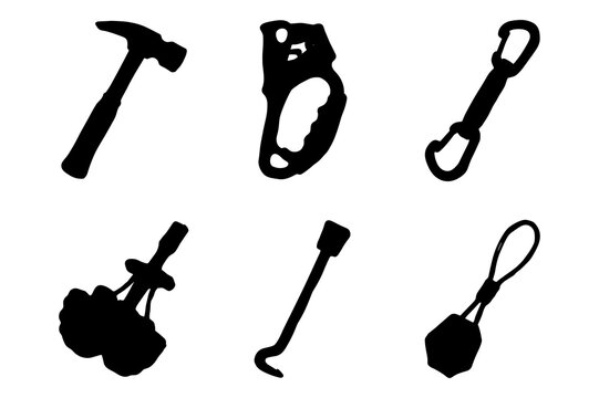 Technical mountain climbing hardware and heavy tools silhouette collection for mountaineers.