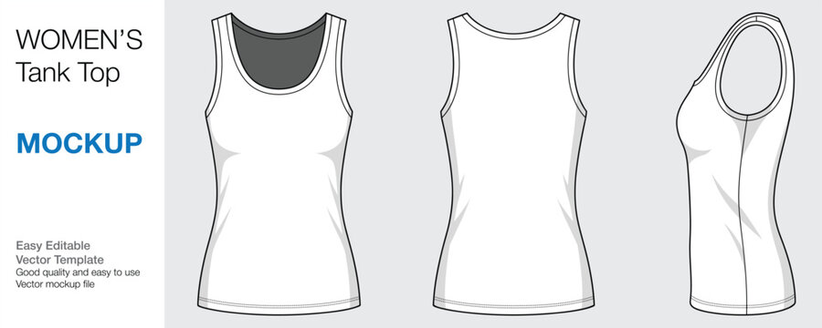 Women's Tank Top Singlet Mockup Vector Template - Front, Back, and Side View