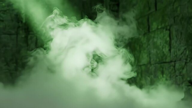 A dimly lit stone chamber with green light beams and swirling fog.