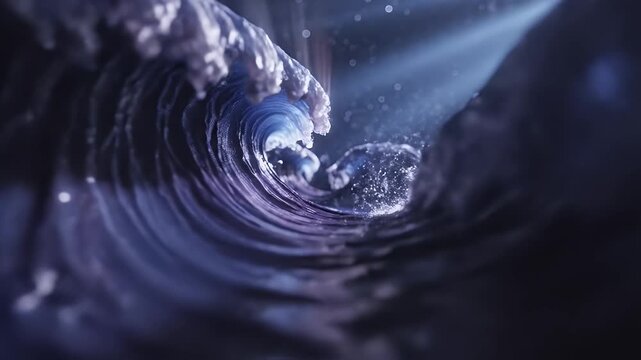 A dynamic wave crashes with light rays illuminating the water.
