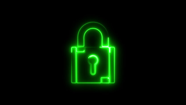 Neon green padlock on black background symbol