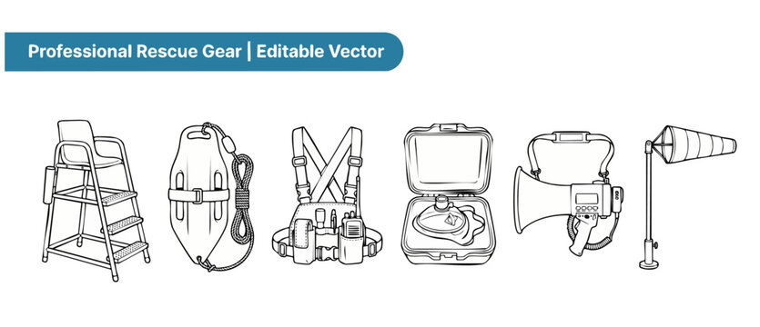 Emergency rescue equipment vector icons including lifeguard chair, buoy, megaphone, CPR mask and windsock for safety design. Black and white line art graphics isolated on white background illustration