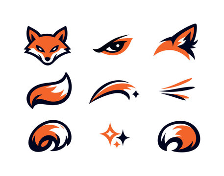 Two-Color vector icons of fox with sly: fox head, sly eye, curved ear, pointed snout, tail arc, contour line, tiny speck, ear