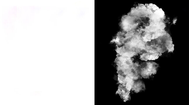 Atmospheric white smoke plume on black background, thick steam cloud with alpha channel mask, realistic fog and mist texture for visual effects