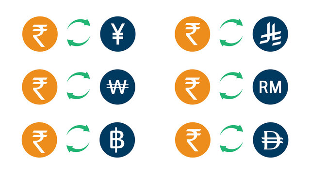 Indian Rupee to Asian Currency Exchange Icon Set &mdash; Rupee to Yen, Saudi Riyal, Won, Ringgit, Baht and Dong in Orange and Navy Blue