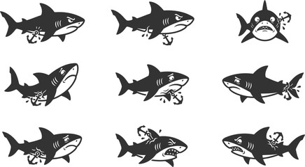 Angry shark silhouettes with anchors in a collection of nautical and aggressive themed vector graphic illustrations © Vecto_Pixels