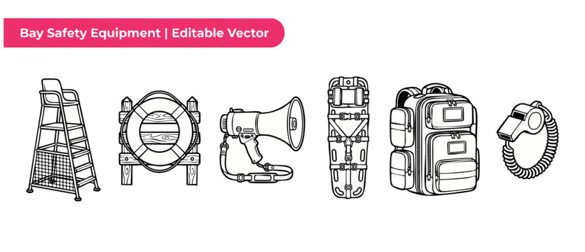 Lifeguard safety equipment vector icons set for beach rescue action featuring linear designs of chair, lifebuoy, megaphone, spineboard, emergency backpack, and whistle on white background graphic page