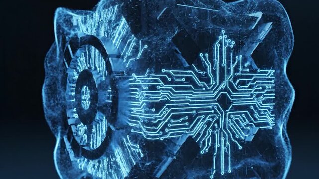 A futuristic glowing blue digital cube with circuit board patterns