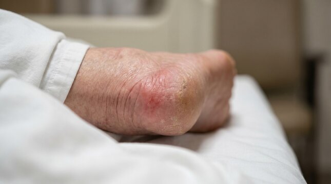 Close up of cracked heel with severe dry skin and redness on patient foot in clinic