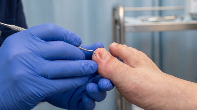 Doctor examining infected ingrown toenail edge with metal excavator instrument in podiatry clinic