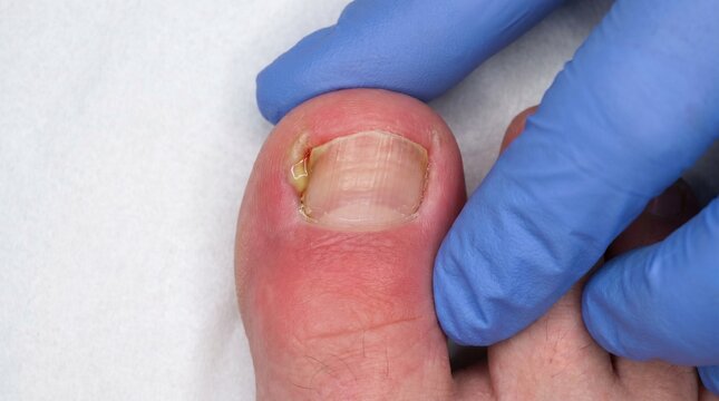 Severe paronychia bacterial infection with visible yellow pus on patient ingrown big toenail