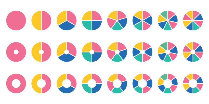 Set of colorful abstract pie charts. Circle section graph. Pie chart set. Pie charts diagrams. Different color circles. donut and pie chart infographic elements set
