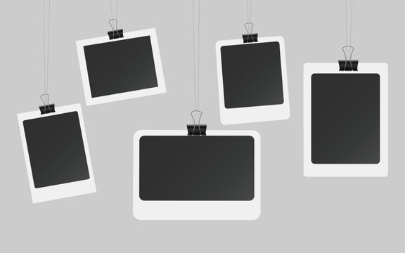Hanging photo frame mockup with binder clips set. Vector illustration of instant picture border hanging on string, paper metal clamp scrapbook graphic, and blank snapshot template on grey background.