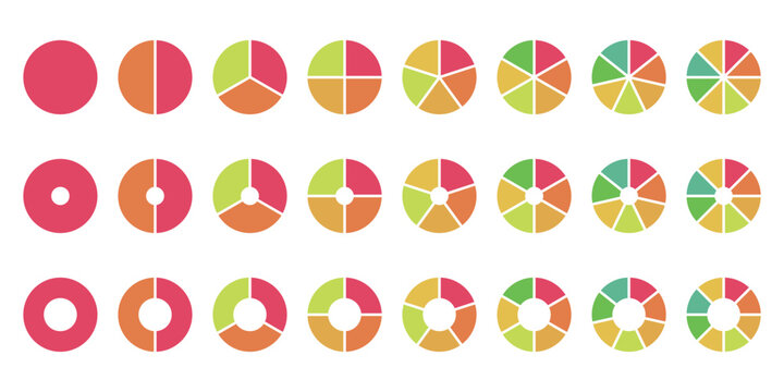 Set of colorful abstract pie charts. Circle section graph. Pie chart set. Pie charts diagrams. Different color circles. donut and pie chart infographic elements set