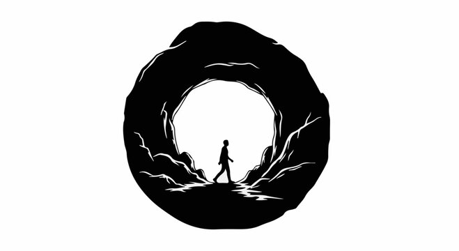 Lone figure walks towards bright light emerging from dark cave entrance, symbolizing hope and new beginnings.