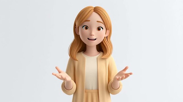 Cartoon presenter in a clean minimal studio speaking directly to camera with natural mouth movement and expressive hand gestures. Friendly confident character animation for digital communication and m
