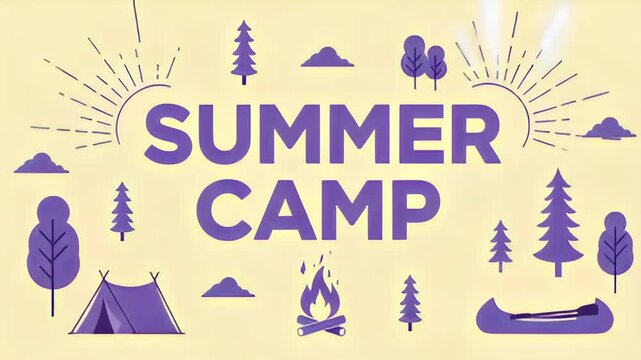 Summer camp illustration with tent, canoe, campfire and trees. animated banner shows simple purple camping icons moving across pale background.