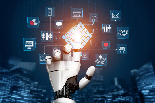 Futuristic Robot Hand Holding a 3D Cube Surrounded by Digital Icons Representing Technology, Communication, and Connectivity in Urban Landscape. Entropy.