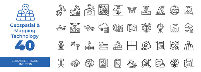 Forty geospatial mapping technology icons for location based data services © Trader