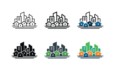 Fototapeta premium Modern city skyline and residential housing icons in various styles