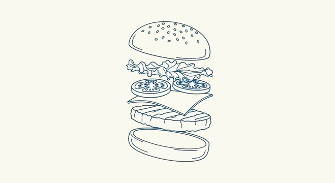 Deconstructed layers of a hamburger line art.