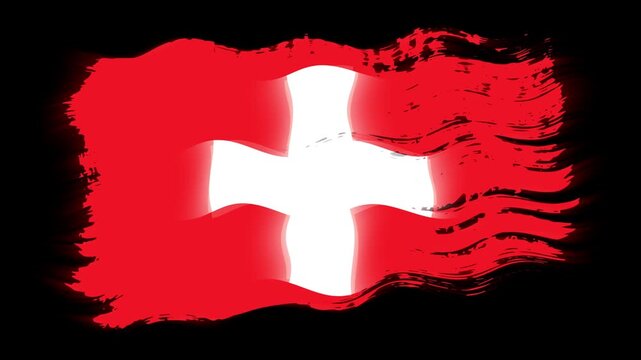 Waving torn Switzerland flag grunge brush burn light leaks, transparent background alpha channel loop full HD