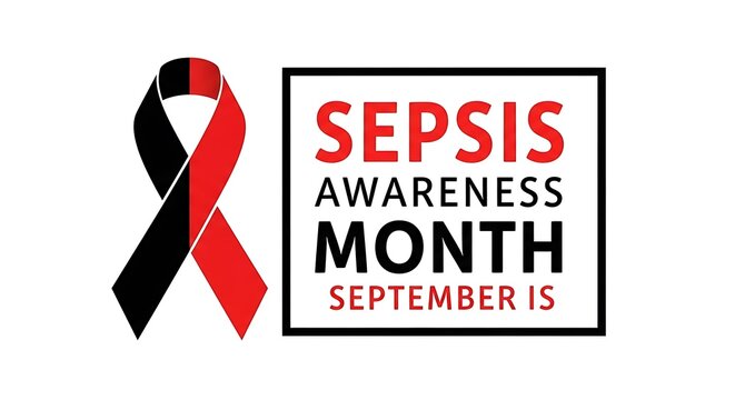 Sepsis awareness month symbol with red and black ribbon on white background