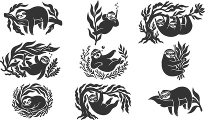 Obraz premium Whimsical sloth silhouettes wearing snorkeling gear and swimming in aquatic foliage vector illustration design set