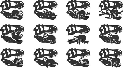 Obraz premium Playful sloth silhouettes resting inside giant dinosaur jaws in prehistoric themed vector illustration asset set