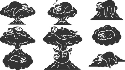Obraz premium Dreamy sloth silhouettes sleeping on fluffy clouds above volcanic mountains vector illustration graphic collection