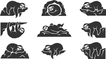 Obraz premium Detailed vector silhouettes of funny sloths sleeping on jagged rocks in nine unique poses for outdoor nature themes