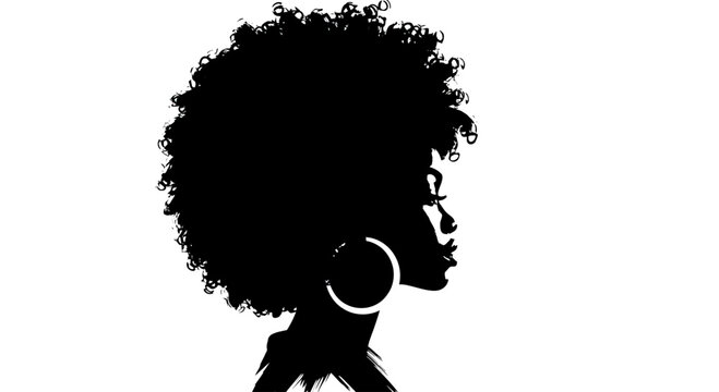 Large afro woman profile silhouette on white.