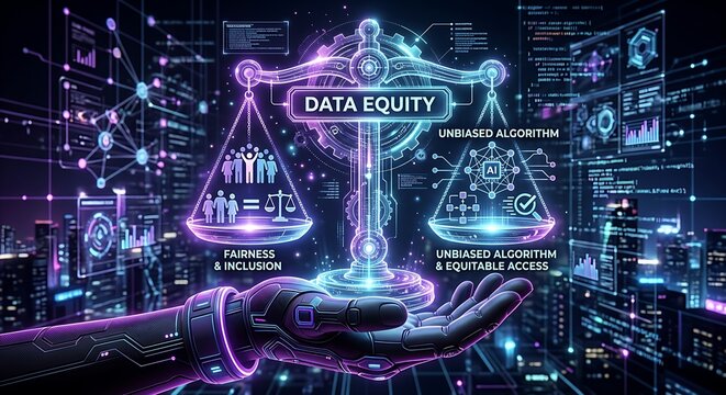 Balanced scales of justice with data quality text in neon cyberpunk digital cityscape futuristic style