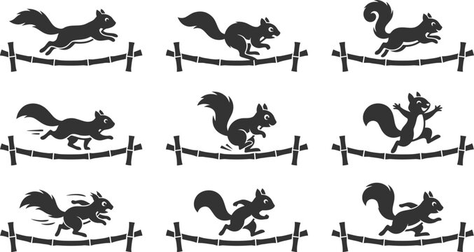 Funny squirrel silhouettes running across tightropes in various poses for circus or adventurous graphic design projects