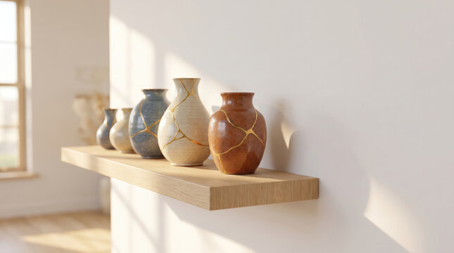 ceramic vases repaired with golden kintsugi technique on wooden shelf. minimalist home interior decor with sunlight and shadows. wabi-sabi aesthetic, restoration concept, beauty of imperfection.
