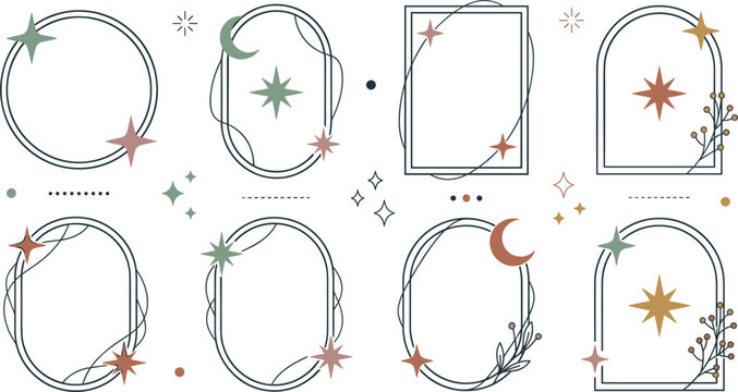 Mystical celestial line frame vector set featuring elegant boho geometric arches borders circles with stars moon and botanical elements